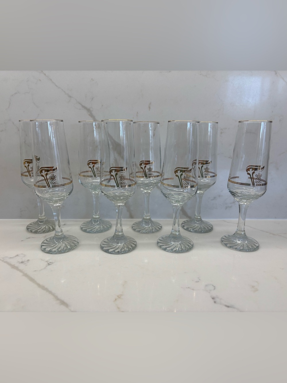 8 Vintage 1988 Calgary Winter Olympics 22K Gold rim Champagne Flutes Canada
